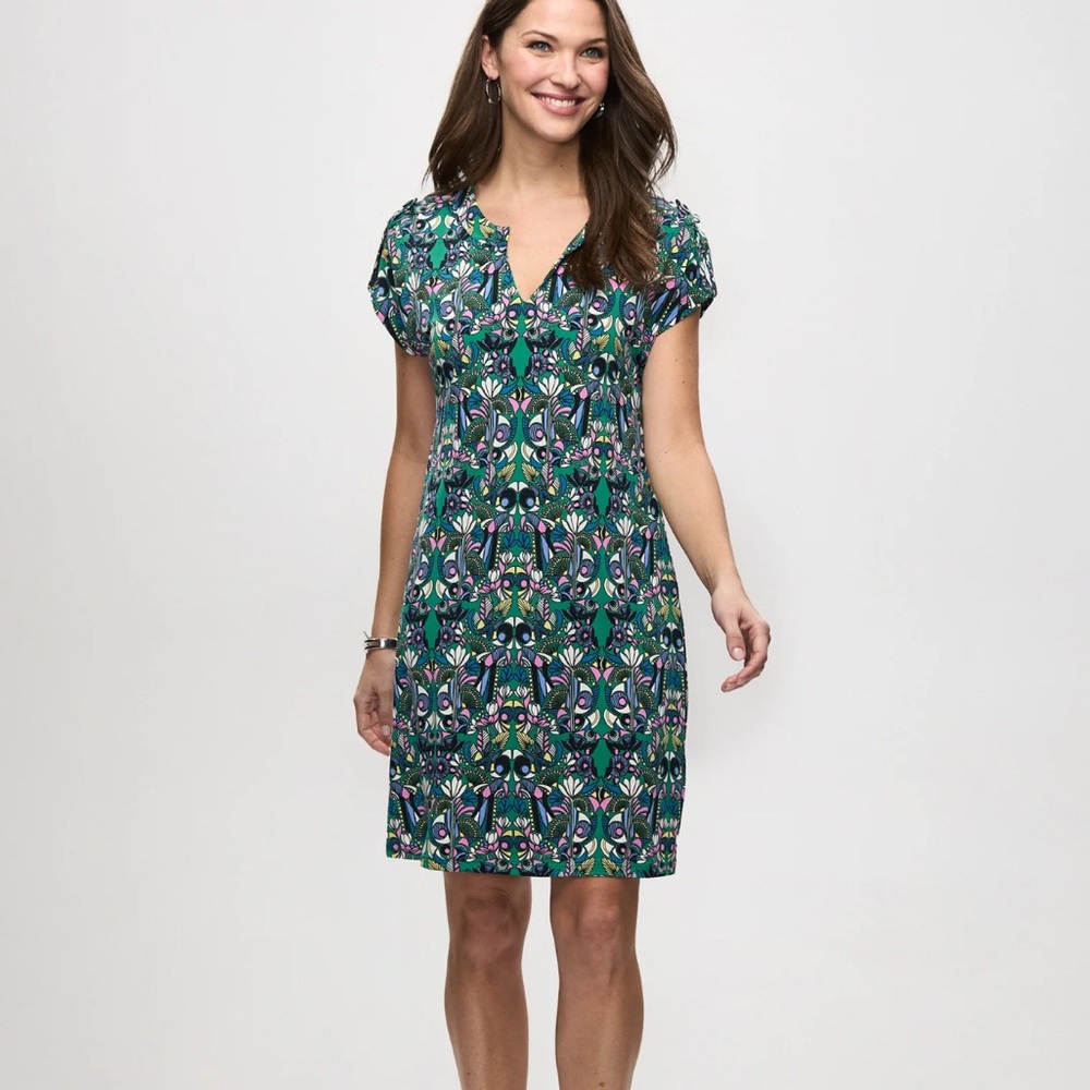 London Times Abstract Motif Split Neck Dress Green Pattern